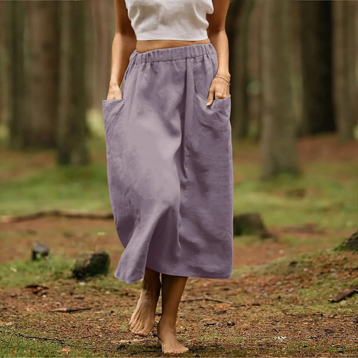 DDAPJ pyju Women Casual Cotton Linen Skirts with Pockets Elastic High Waisted A-Line Midi Skirt Loose Fit Summer Skirts