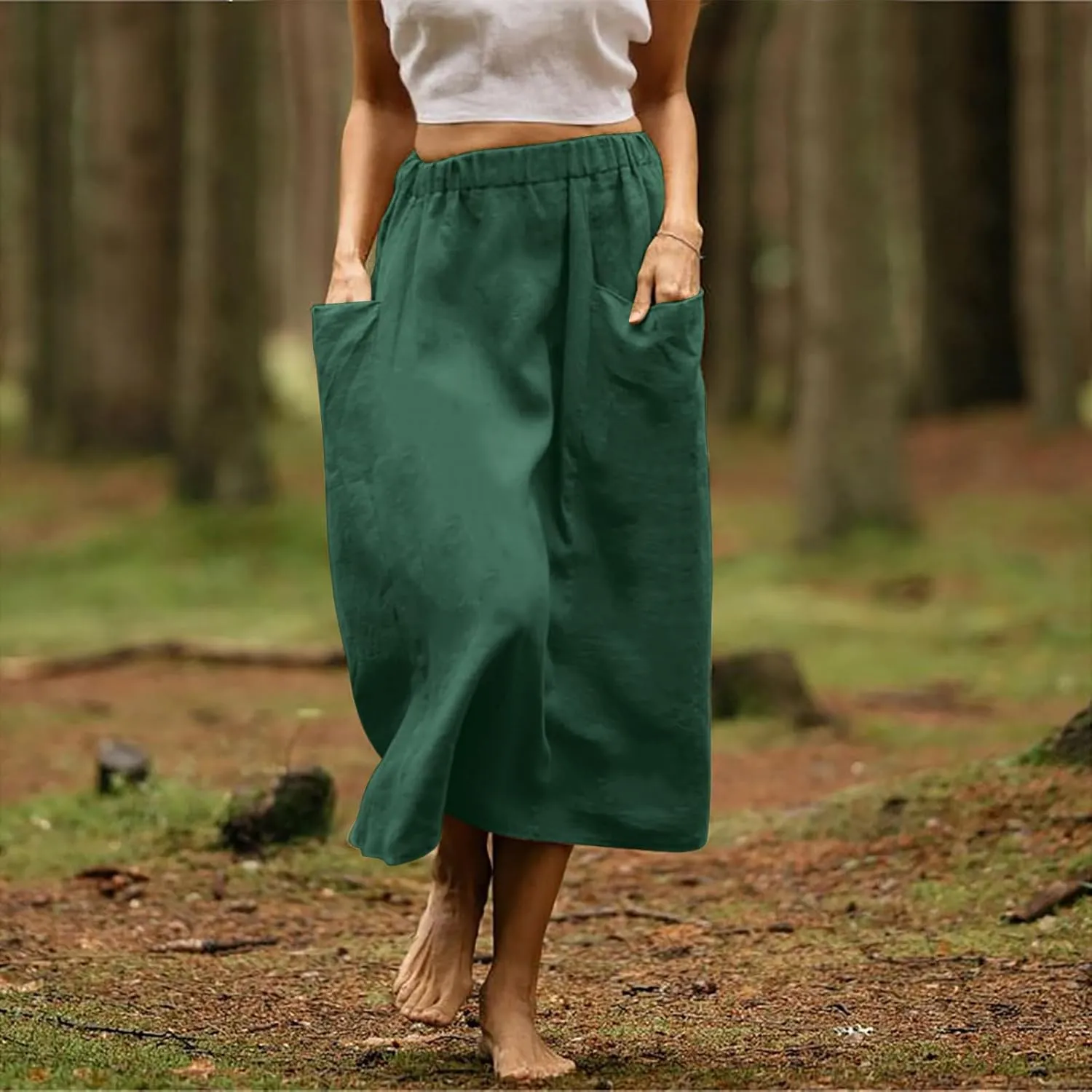 DDAPJ pyju Women Casual Cotton Linen Skirts with Pockets Elastic High Waisted A-Line Midi Skirt Loose Fit Summer Skirts