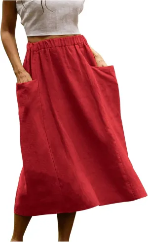 DDAPJ pyju Women Casual Cotton Linen Skirts with Pockets Elastic High Waisted A-Line Midi Skirt Loose Fit Summer Skirts