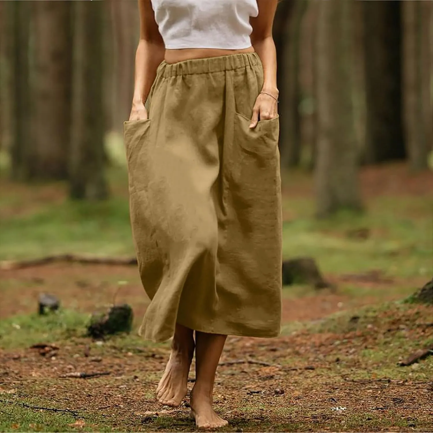 DDAPJ pyju Women Casual Cotton Linen Skirts with Pockets Elastic High Waisted A-Line Midi Skirt Loose Fit Summer Skirts