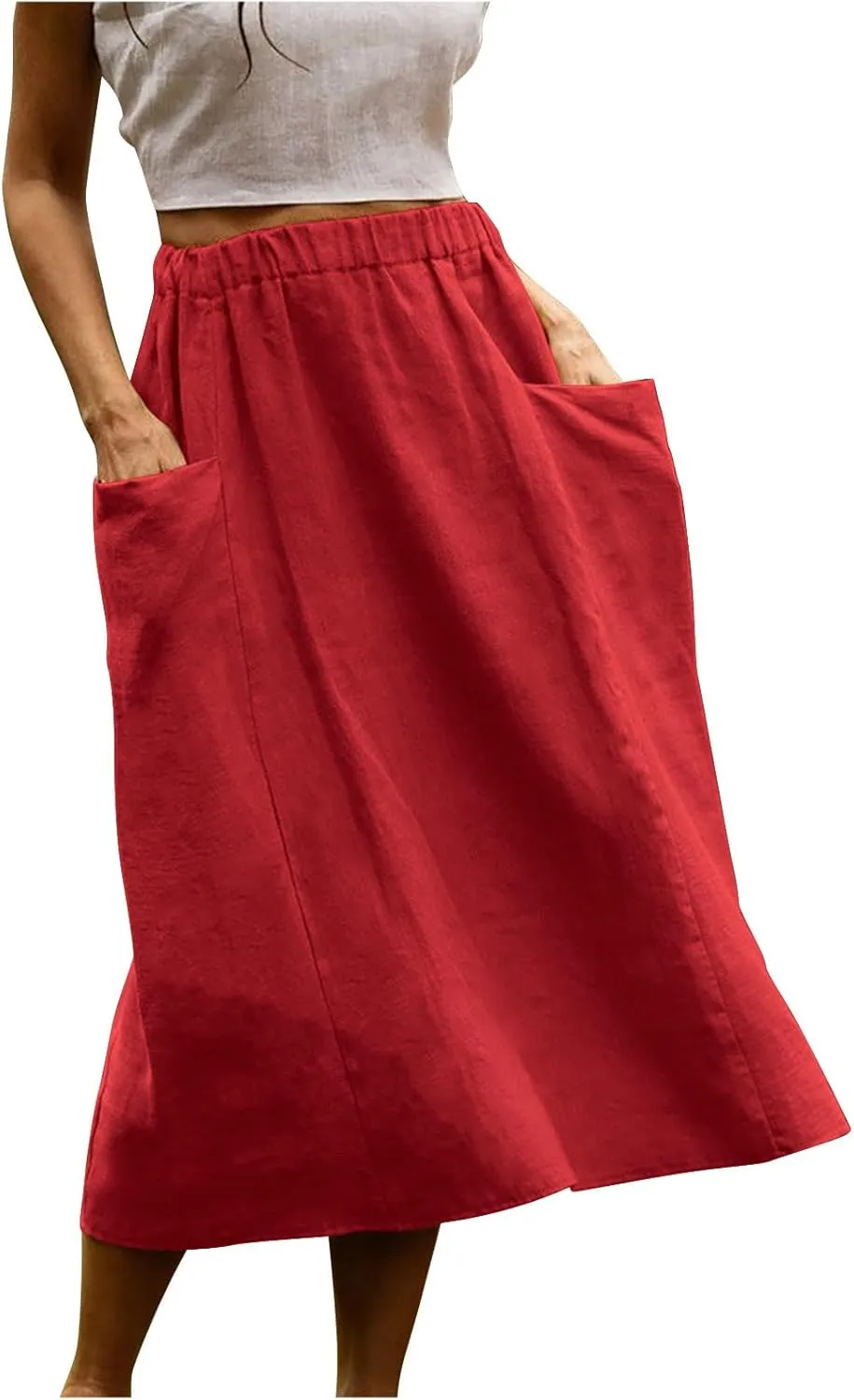 DDAPJ pyju Women Casual Cotton Linen Skirts with Pockets Elastic High Waisted A-Line Midi Skirt Loose Fit Summer Skirts
