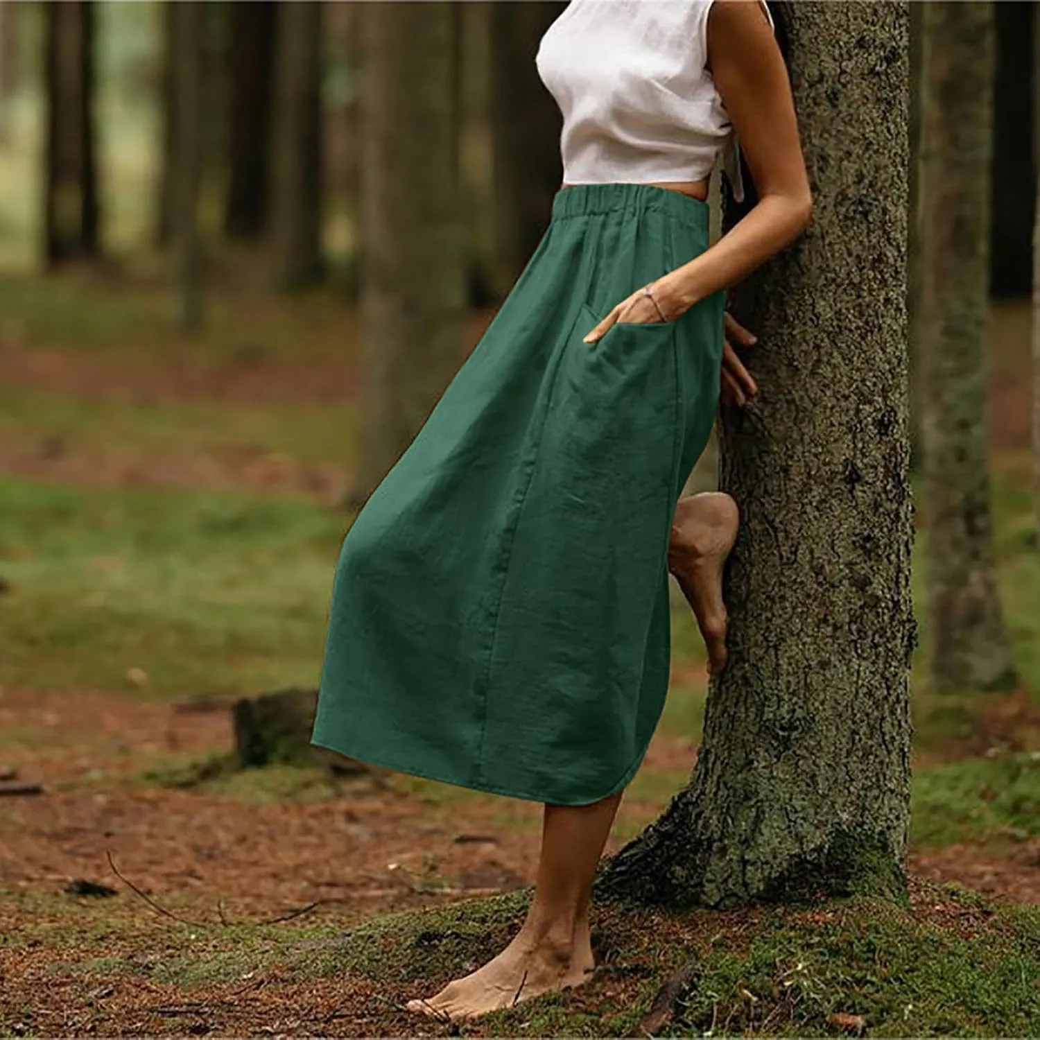 DDAPJ pyju Women Casual Cotton Linen Skirts with Pockets Elastic High Waisted A-Line Midi Skirt Loose Fit Summer Skirts