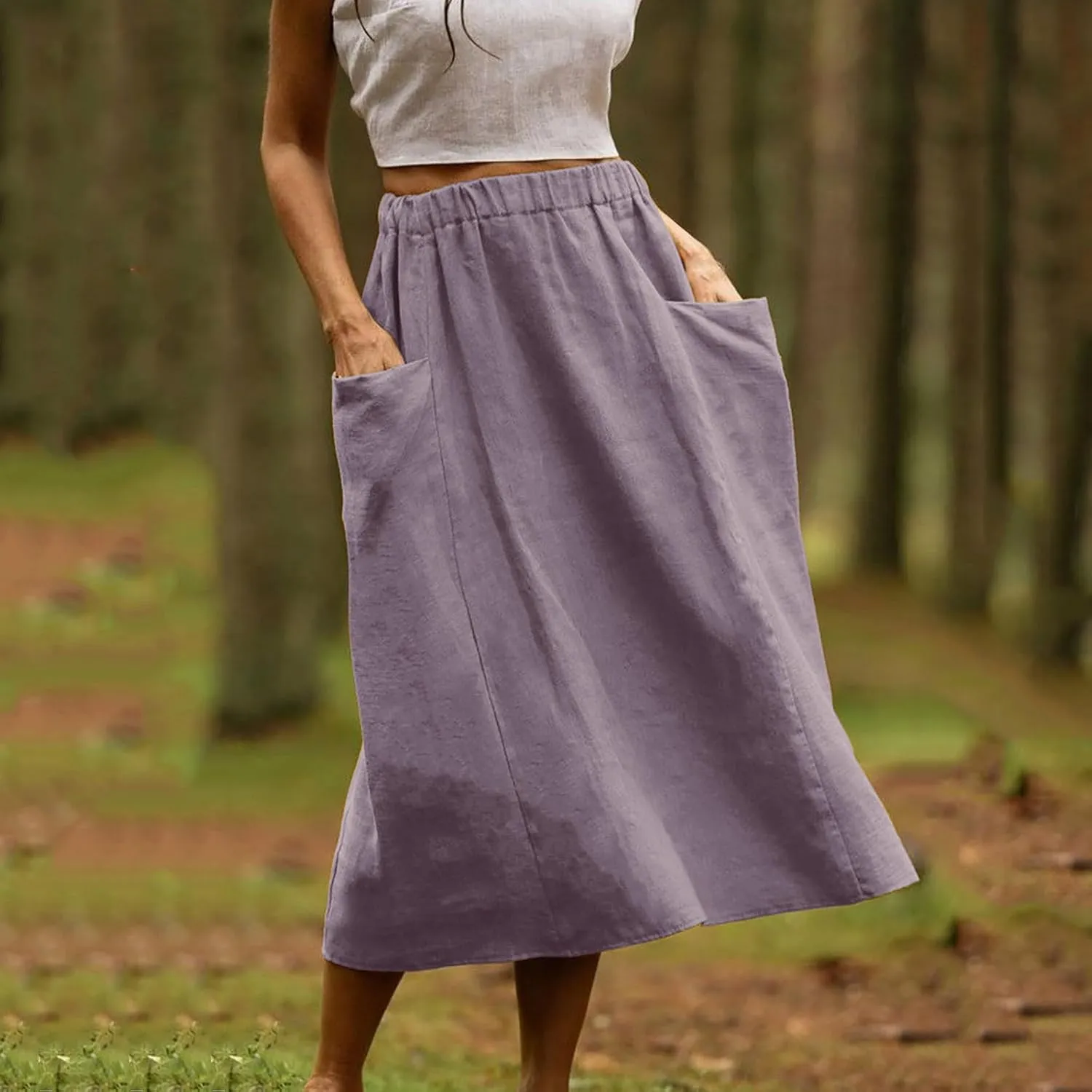 DDAPJ pyju Women Casual Cotton Linen Skirts with Pockets Elastic High Waisted A-Line Midi Skirt Loose Fit Summer Skirts