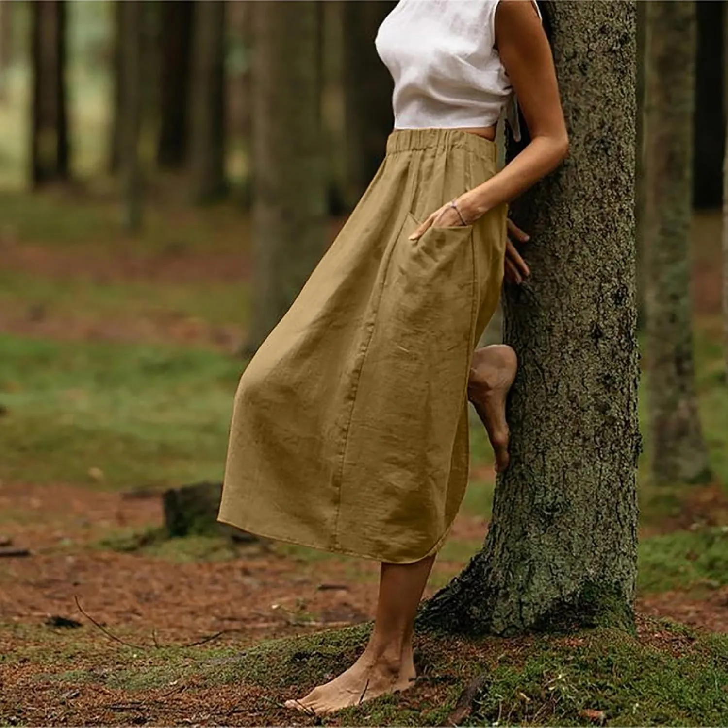 DDAPJ pyju Women Casual Cotton Linen Skirts with Pockets Elastic High Waisted A-Line Midi Skirt Loose Fit Summer Skirts