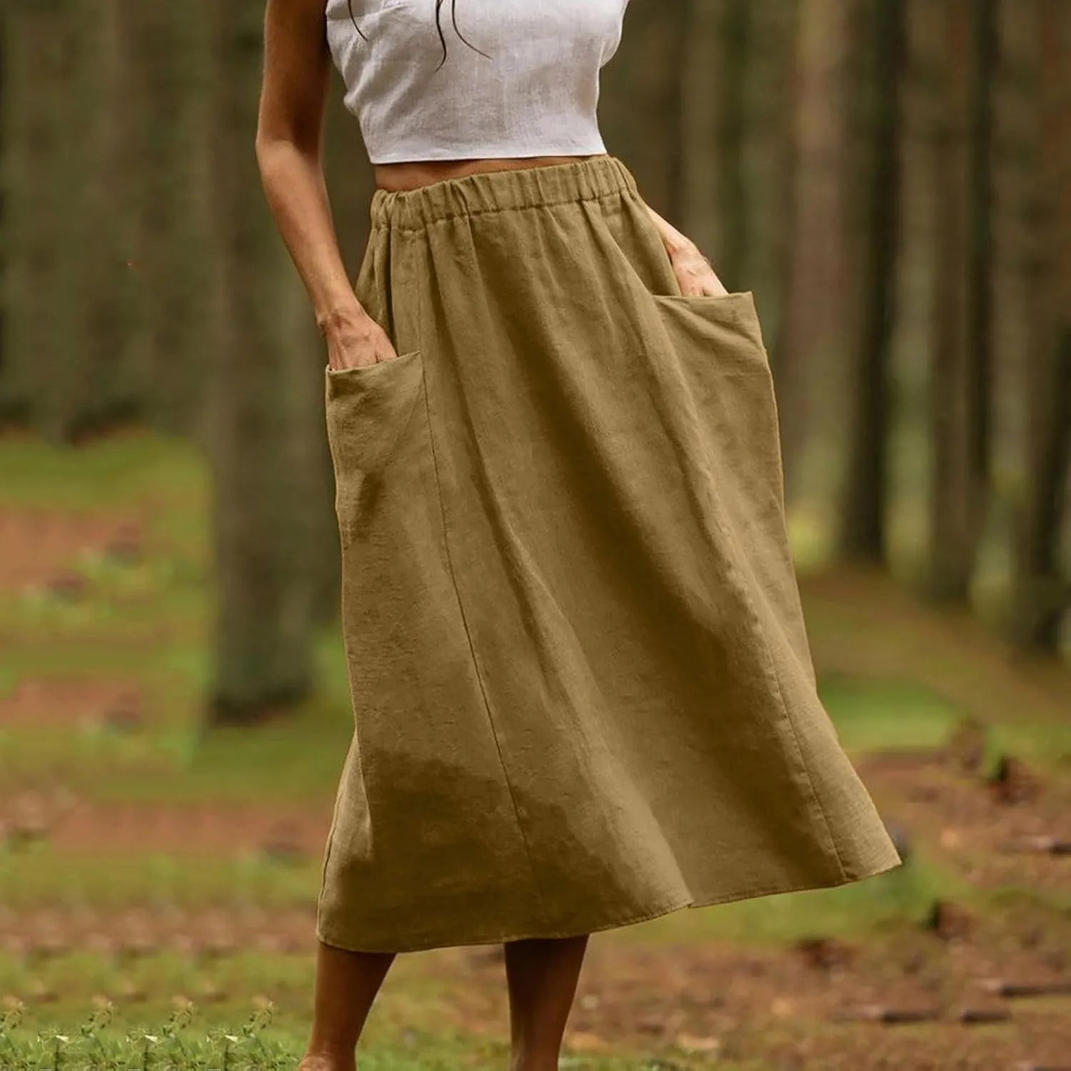 DDAPJ pyju Women Casual Cotton Linen Skirts with Pockets Elastic High Waisted A-Line Midi Skirt Loose Fit Summer Skirts