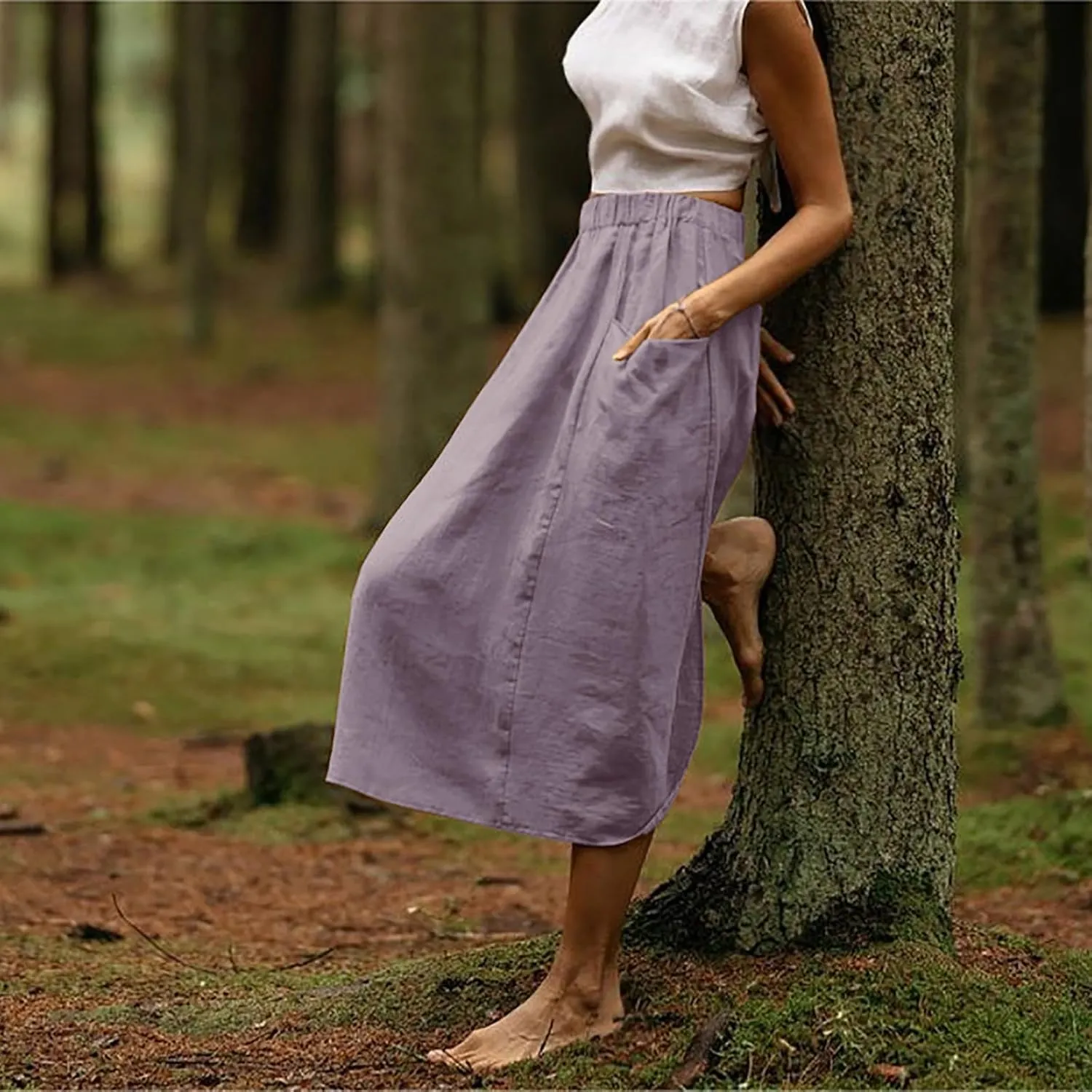 DDAPJ pyju Women Casual Cotton Linen Skirts with Pockets Elastic High Waisted A-Line Midi Skirt Loose Fit Summer Skirts