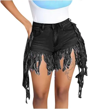 Denim Shorts for Women Mid Rise Ripped Jean Shorts Stretchy Hot Short Jeans Fringe Fur Trimmed Denim Shorts