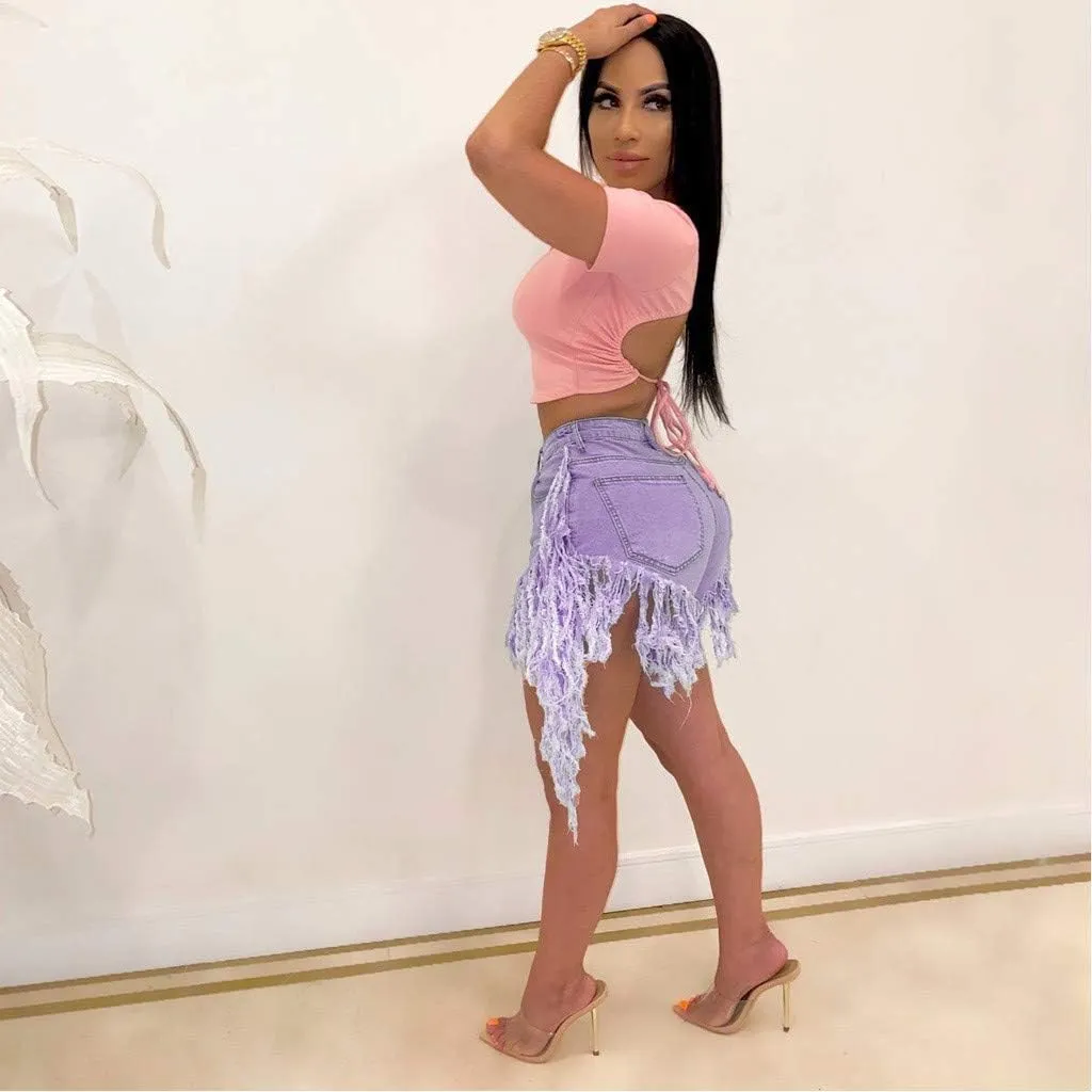Denim Shorts for Women Mid Rise Ripped Jean Shorts Stretchy Hot Short Jeans Fringe Fur Trimmed Denim Shorts