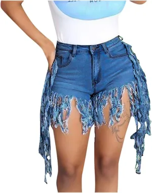 Denim Shorts for Women Mid Rise Ripped Jean Shorts Stretchy Hot Short Jeans Fringe Fur Trimmed Denim Shorts