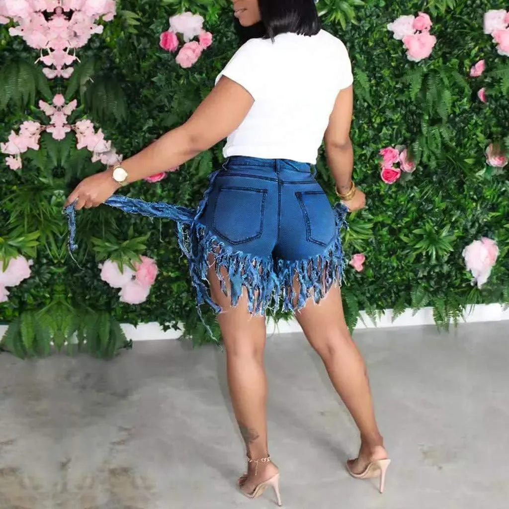 Denim Shorts for Women Mid Rise Ripped Jean Shorts Stretchy Hot Short Jeans Fringe Fur Trimmed Denim Shorts