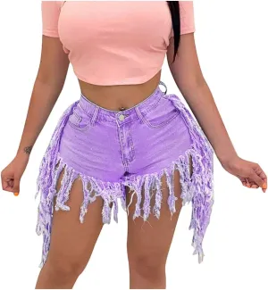 Denim Shorts for Women Mid Rise Ripped Jean Shorts Stretchy Hot Short Jeans Fringe Fur Trimmed Denim Shorts