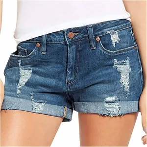 Denim Shorts Women Stretchy Mid Rise Ripped Stretchy Distressed Jeans Shorts Summer Frayed Raw Casual Denim Shorts