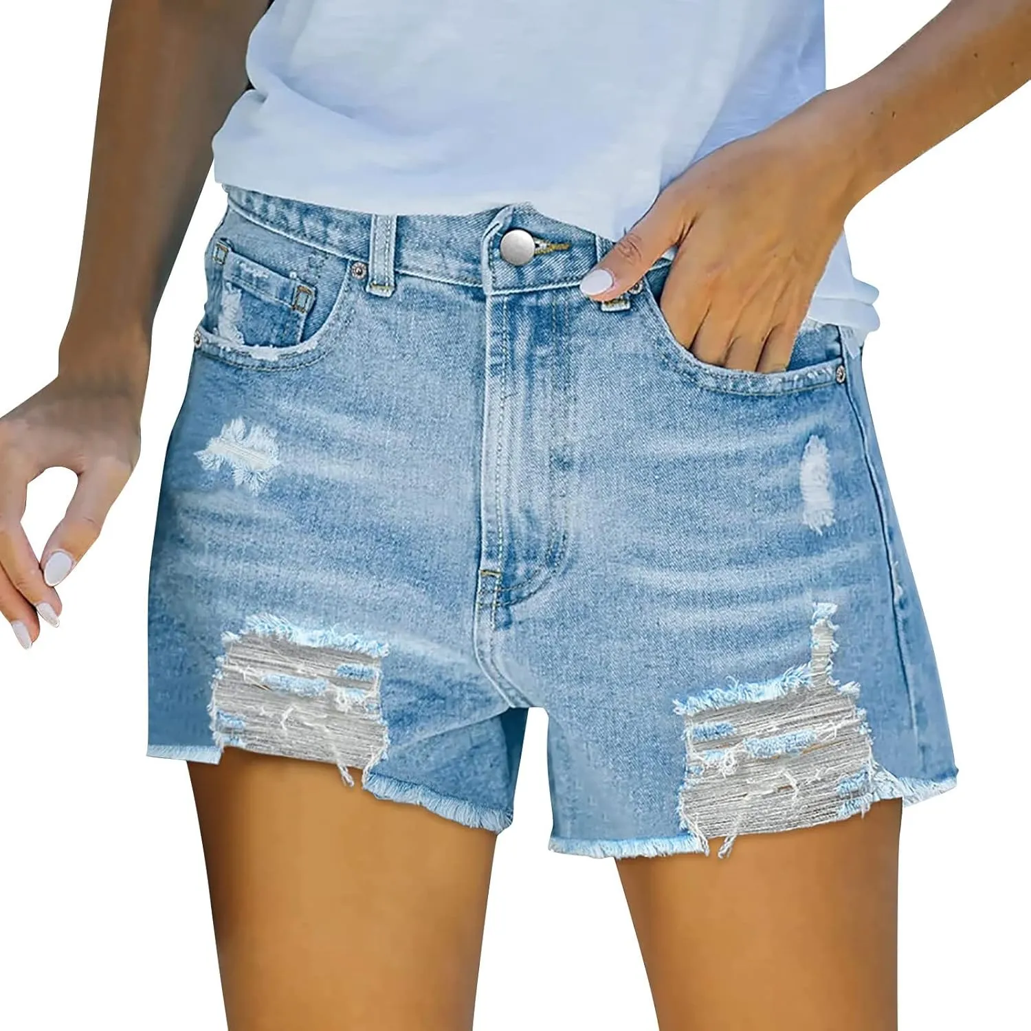 Denim Shorts Women Stretchy Mid Rise Ripped Stretchy Distressed Jeans Shorts Summer Frayed Raw Casual Denim Shorts
