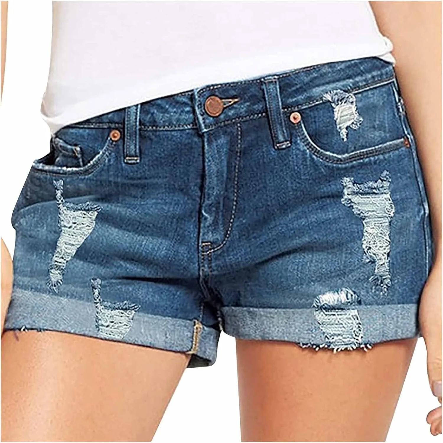 Denim Shorts Women Stretchy Mid Rise Ripped Stretchy Distressed Jeans Shorts Summer Frayed Raw Casual Denim Shorts