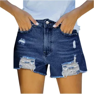 Denim Shorts Women Stretchy Mid Rise Ripped Stretchy Distressed Jeans Shorts Summer Frayed Raw Casual Denim Shorts