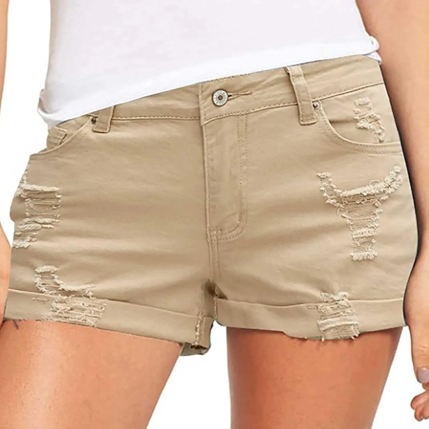 Denim Shorts Women Stretchy Mid Rise Ripped Stretchy Distressed Jeans Shorts Summer Frayed Raw Casual Denim Shorts