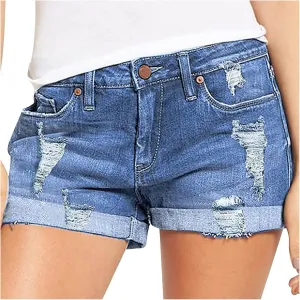 Denim Shorts Women Stretchy Mid Rise Ripped Stretchy Distressed Jeans Shorts Summer Frayed Raw Casual Denim Shorts