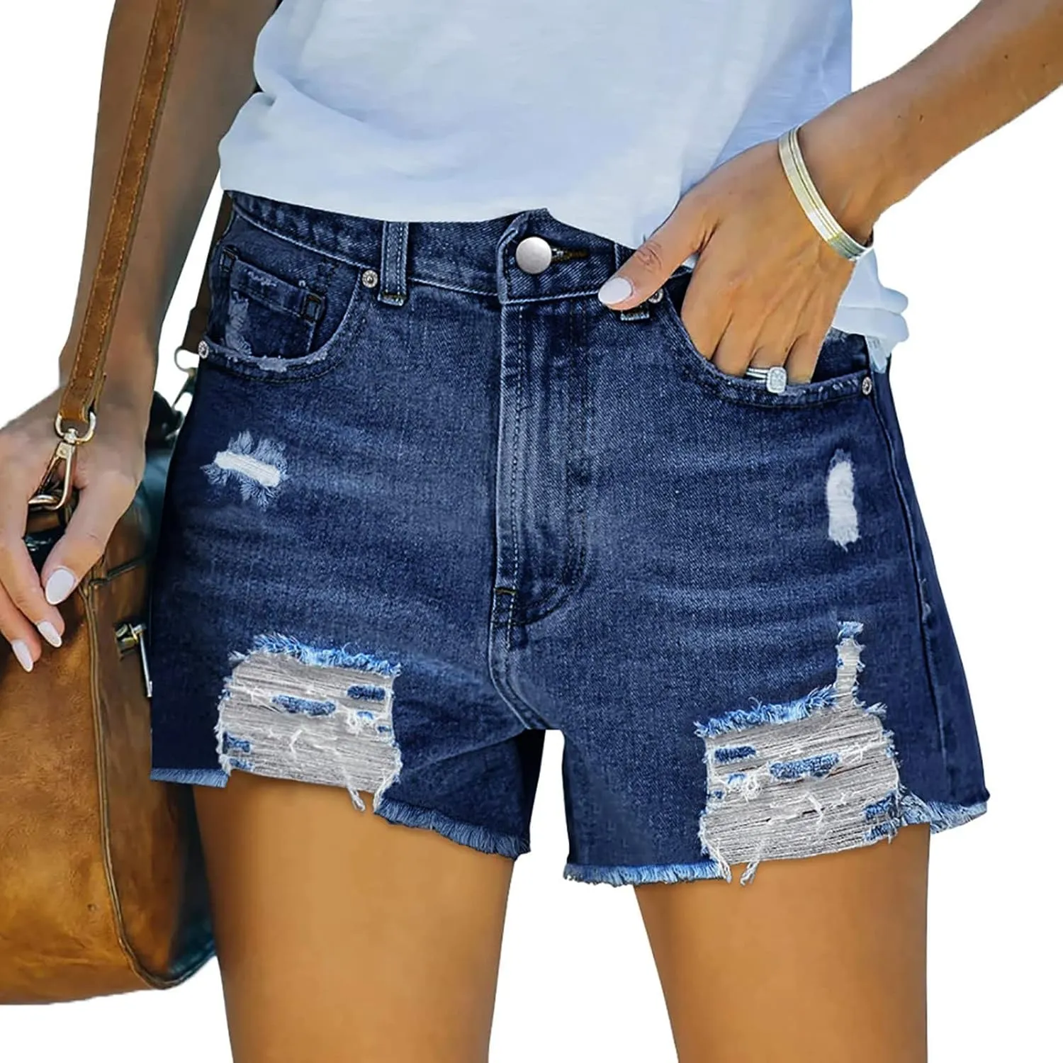 Denim Shorts Women Stretchy Mid Rise Ripped Stretchy Distressed Jeans Shorts Summer Frayed Raw Casual Denim Shorts