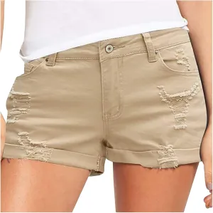 Denim Shorts Women Stretchy Mid Rise Ripped Stretchy Distressed Jeans Shorts Summer Frayed Raw Casual Denim Shorts