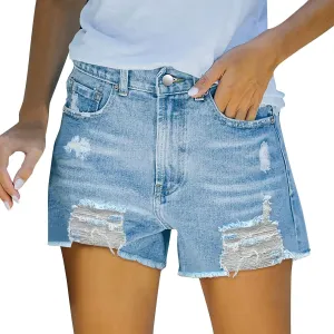 Denim Shorts Women Stretchy Mid Rise Ripped Stretchy Distressed Jeans Shorts Summer Frayed Raw Casual Denim Shorts