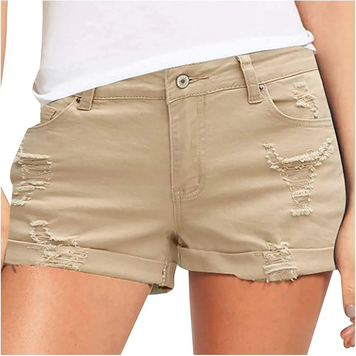 Denim Shorts Women Stretchy Mid Rise Ripped Stretchy Distressed Jeans Shorts Summer Frayed Raw Casual Denim Shorts