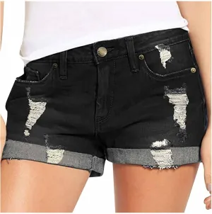 Denim Shorts Women Stretchy Mid Rise Ripped Stretchy Distressed Jeans Shorts Summer Frayed Raw Casual Denim Shorts