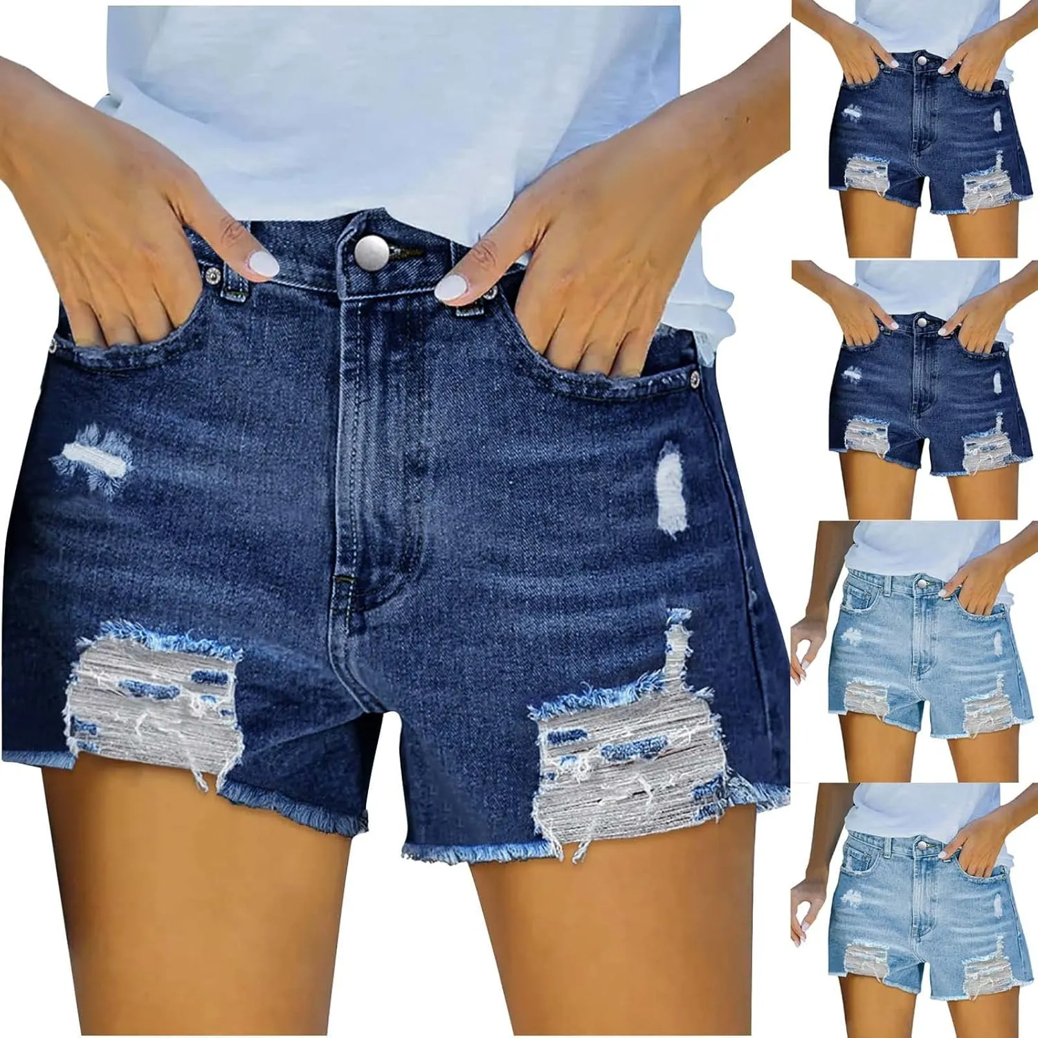 Denim Shorts Women Stretchy Mid Rise Ripped Stretchy Distressed Jeans Shorts Summer Frayed Raw Casual Denim Shorts