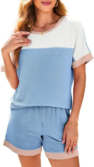 Dokotoo Women's 2 Piece Outfits Loungewear Colorblock Short Sleeve Womens Tops Elastic Waist Shorts Ribbed Knited Sets