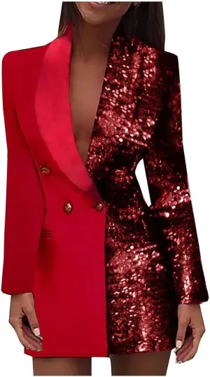 Double Breasted Sequin Blazer Dress for Women Sexy Colorblock Long Blazers Jackets Formal Evening Party Club Outfits