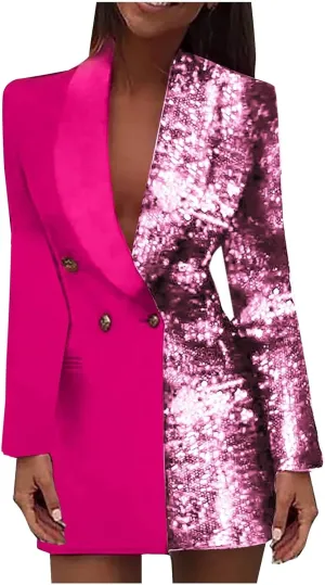 Double Breasted Sequin Blazer Dress for Women Sexy Colorblock Long Blazers Jackets Formal Evening Party Club Outfits
