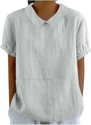 Firzero Short Sleeve Tunic Tops for Women Loose Fit Cotton Linen Patchwork Lapel Shirt Solid Color Casual Oversized T Shirts