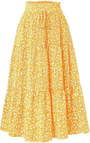 Floral Maxi Skirt for Women Summer Comfy Tiered Elastic High Waisted Skirts Vacation A-Line Flowy Swing Long Skirts