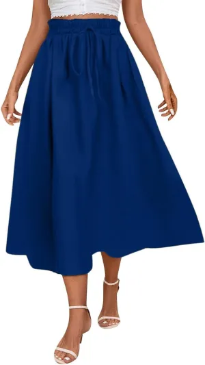 Floral Midi Skirt Boho Flowy Elastic High Waist A Line Skirt Bow Linen Flared Beach Long Skirts for Women with Pockets