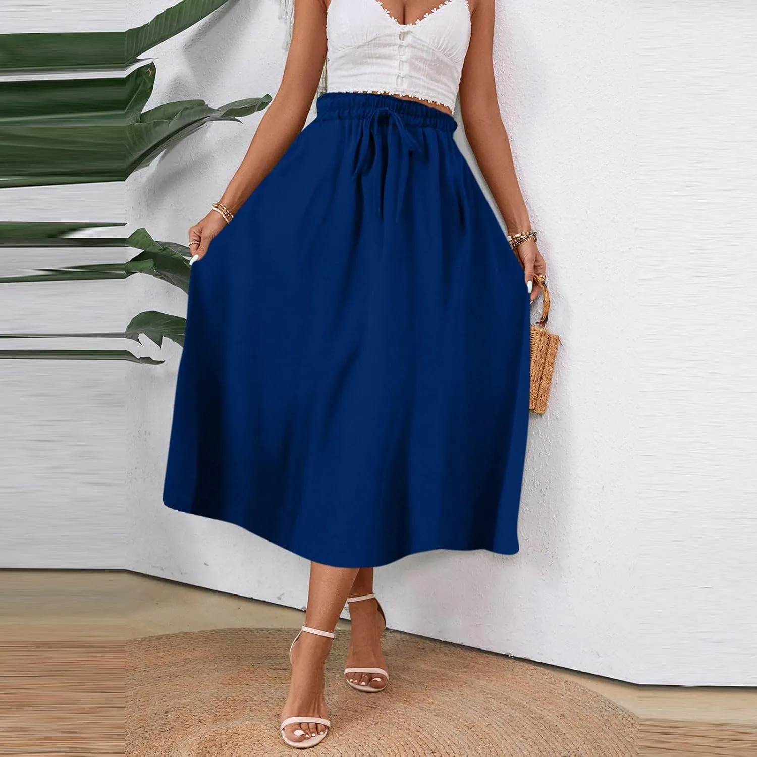 Floral Midi Skirt Boho Flowy Elastic High Waist A Line Skirt Bow Linen Flared Beach Long Skirts for Women with Pockets