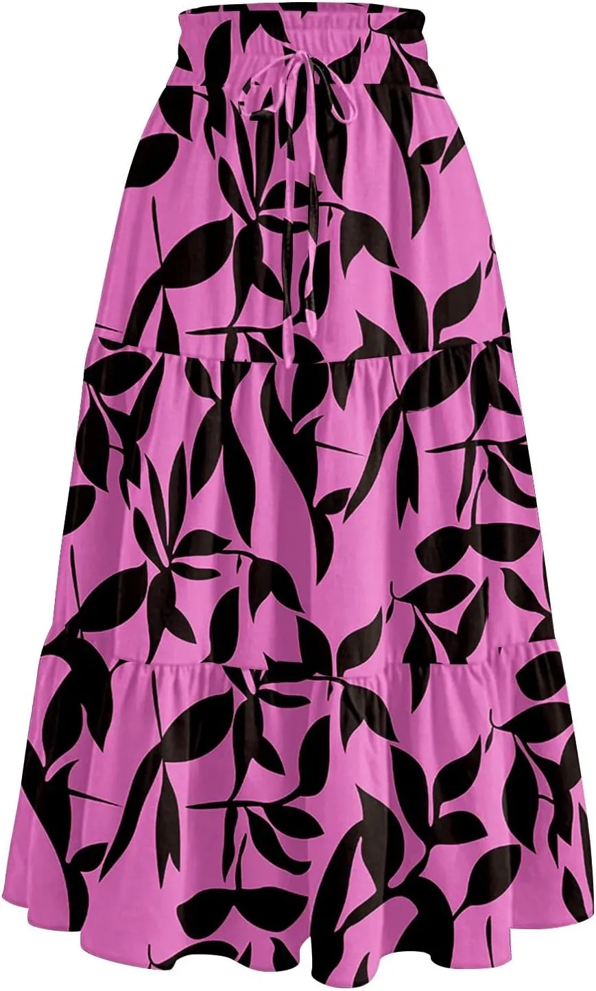 Floral Midi Skirts for Women High Waisted Knee Length Flowy Boho Skirts Casual Tiered A Line Skirt with Pockets