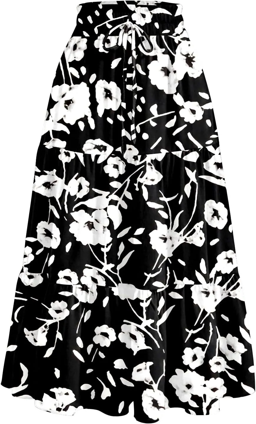 Floral Midi Skirts for Women High Waisted Knee Length Flowy Boho Skirts Casual Tiered A Line Skirt with Pockets