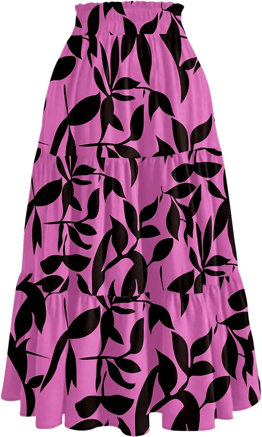 Floral Midi Skirts for Women High Waisted Knee Length Flowy Boho Skirts Casual Tiered A Line Skirt with Pockets