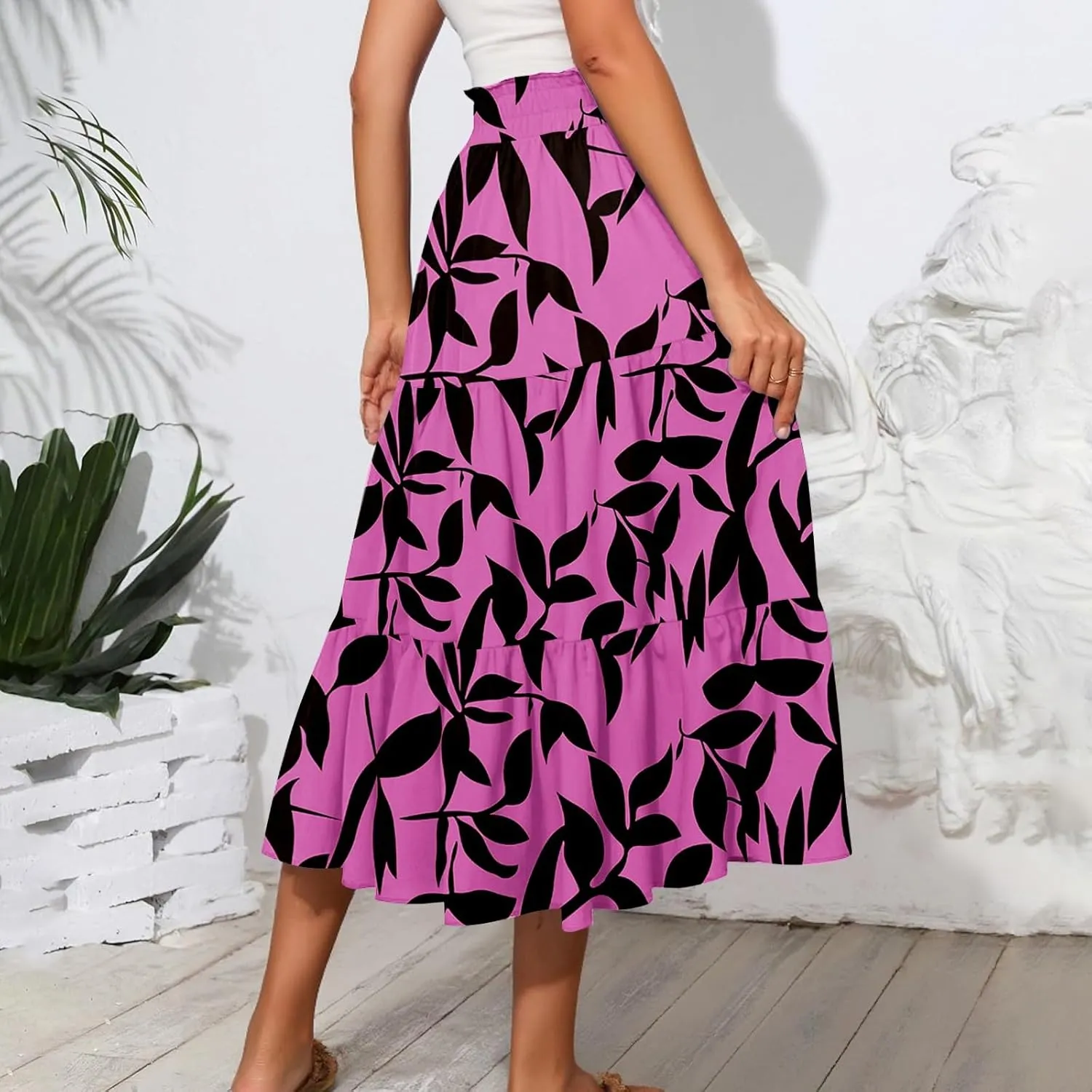 Floral Midi Skirts for Women High Waisted Knee Length Flowy Boho Skirts Casual Tiered A Line Skirt with Pockets