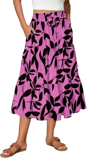 Floral Midi Skirts for Women High Waisted Knee Length Flowy Boho Skirts Casual Tiered A Line Skirt with Pockets