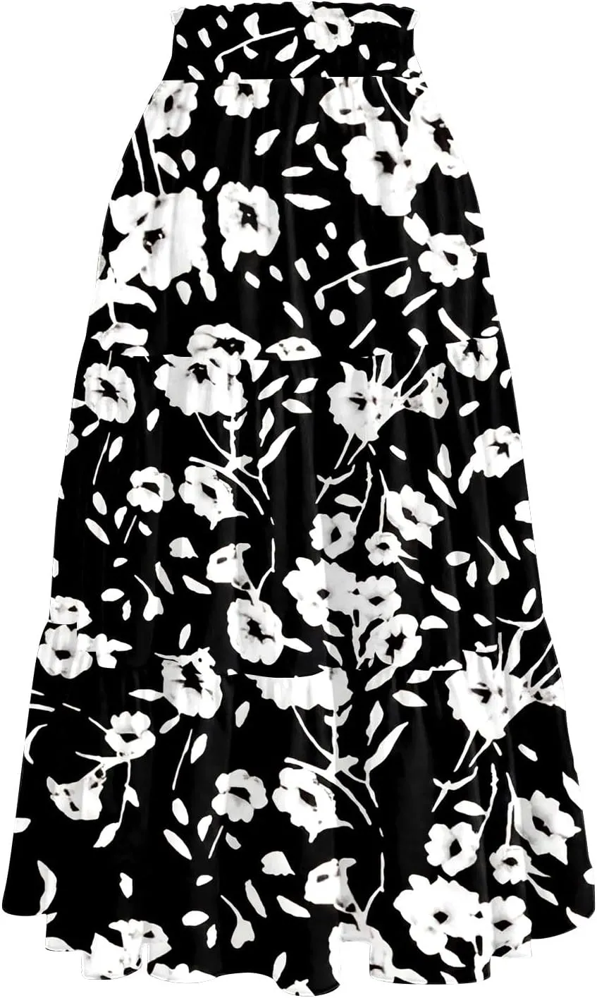 Floral Midi Skirts for Women High Waisted Knee Length Flowy Boho Skirts Casual Tiered A Line Skirt with Pockets