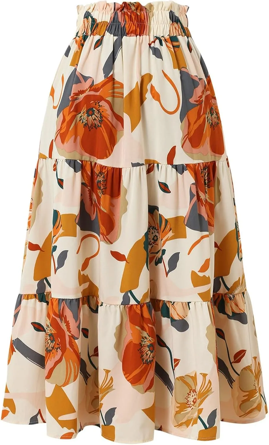 Floral Pleated Skirts for Women Drawstring High Waist Boho Maxi Skirts Summer Flowy Tiered Pleated Beach A Line Skirt