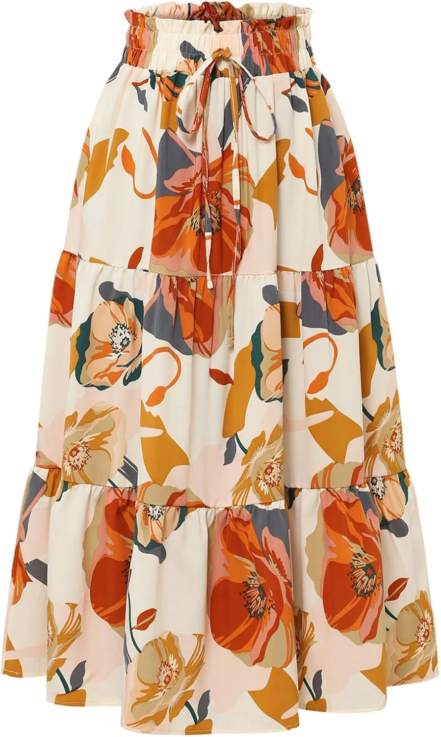 Floral Pleated Skirts for Women Drawstring High Waist Boho Maxi Skirts Summer Flowy Tiered Pleated Beach A Line Skirt