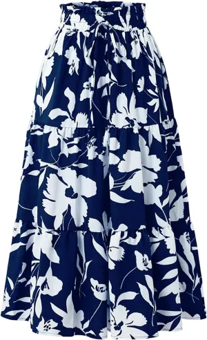 Floral Pleated Skirts for Women Drawstring High Waist Boho Maxi Skirts Summer Flowy Tiered Pleated Beach A Line Skirt