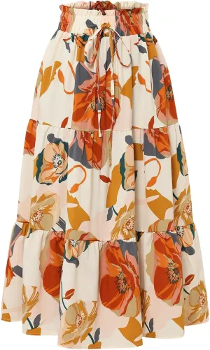 Floral Pleated Skirts for Women Drawstring High Waist Boho Maxi Skirts Summer Flowy Tiered Pleated Beach A Line Skirt