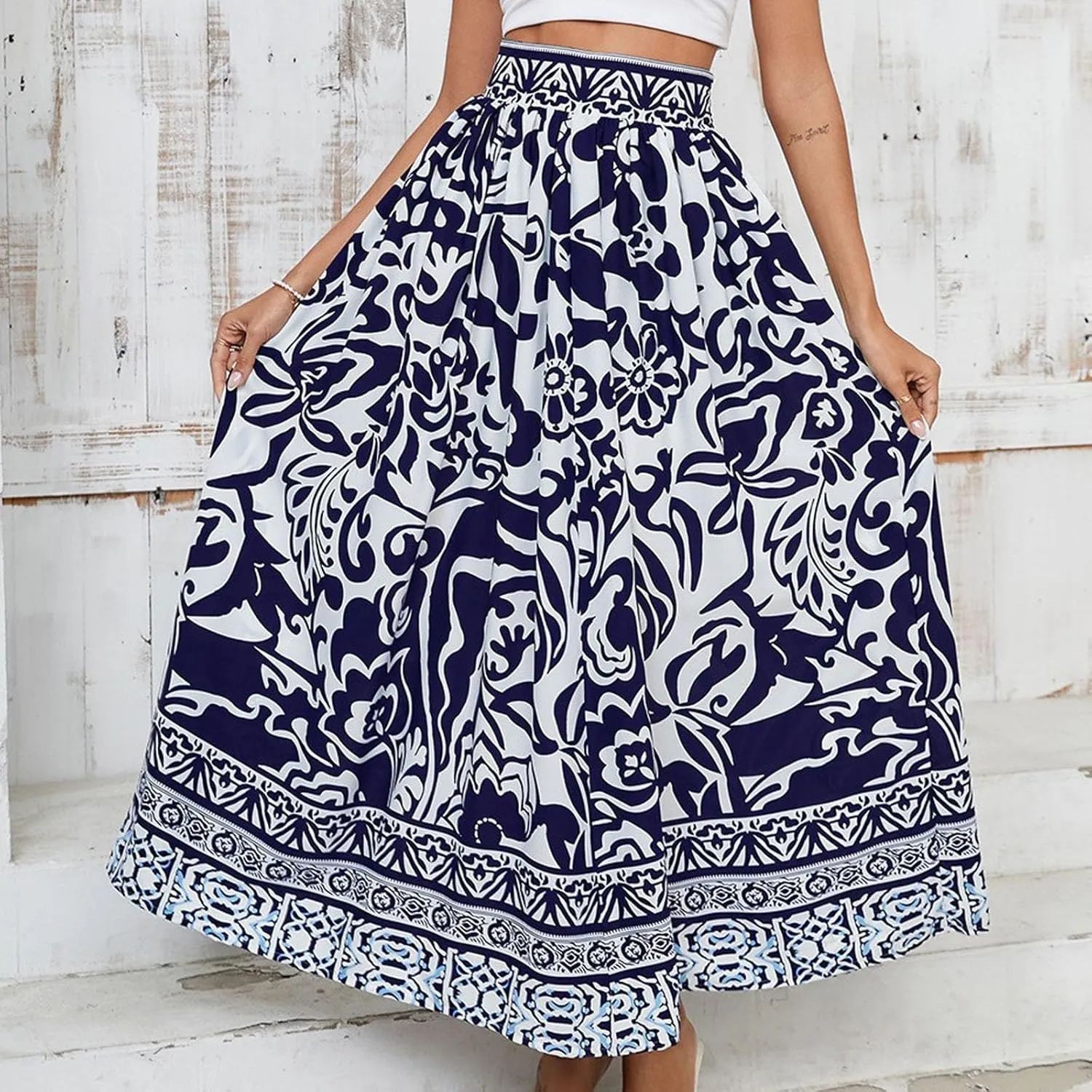 Floral Pleated Skirts for Women Midi Length Summer Casual Boho High Waisted Flowy Plus Size Swing A Line Skirt