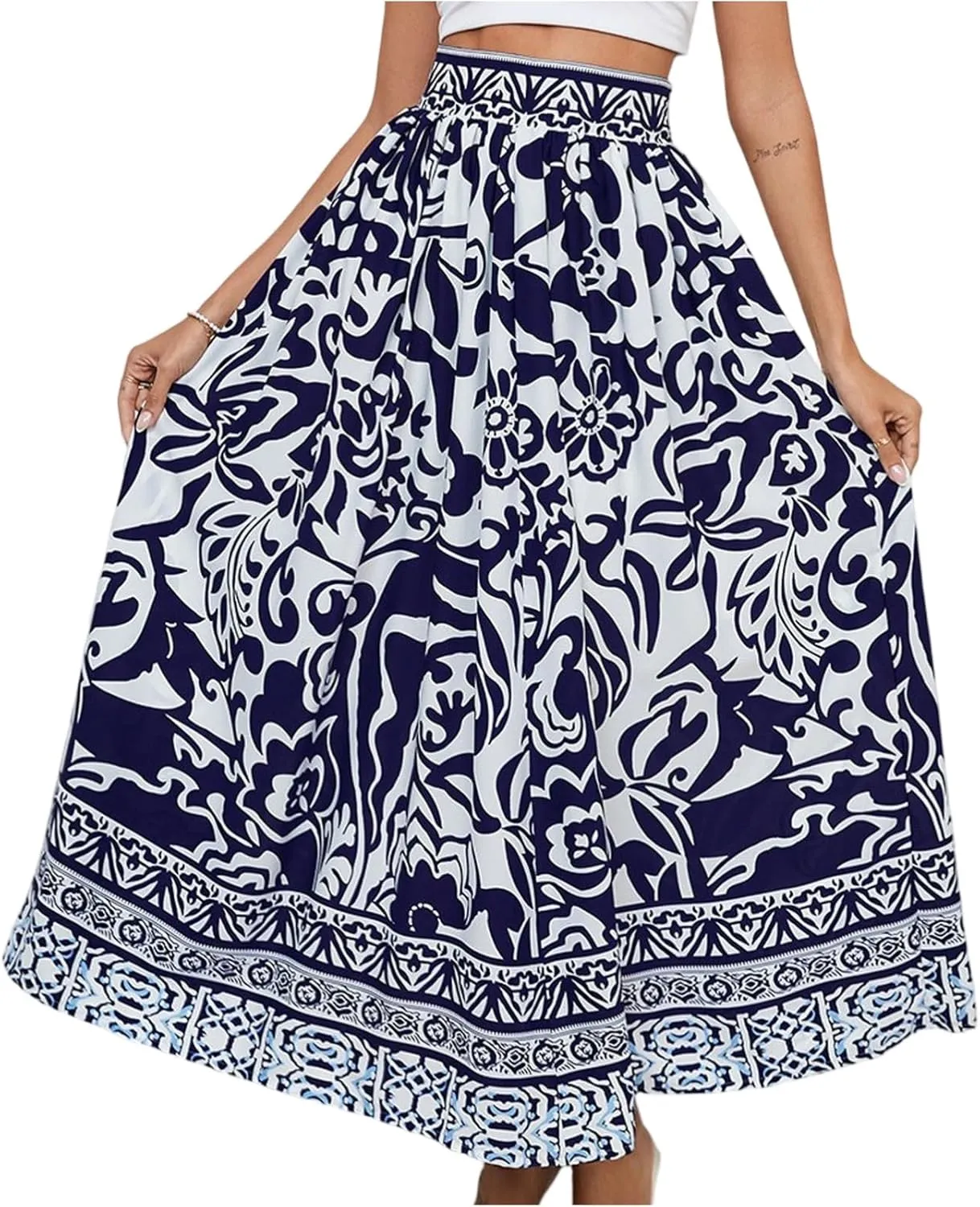 Floral Pleated Skirts for Women Midi Length Summer Casual Boho High Waisted Flowy Plus Size Swing A Line Skirt