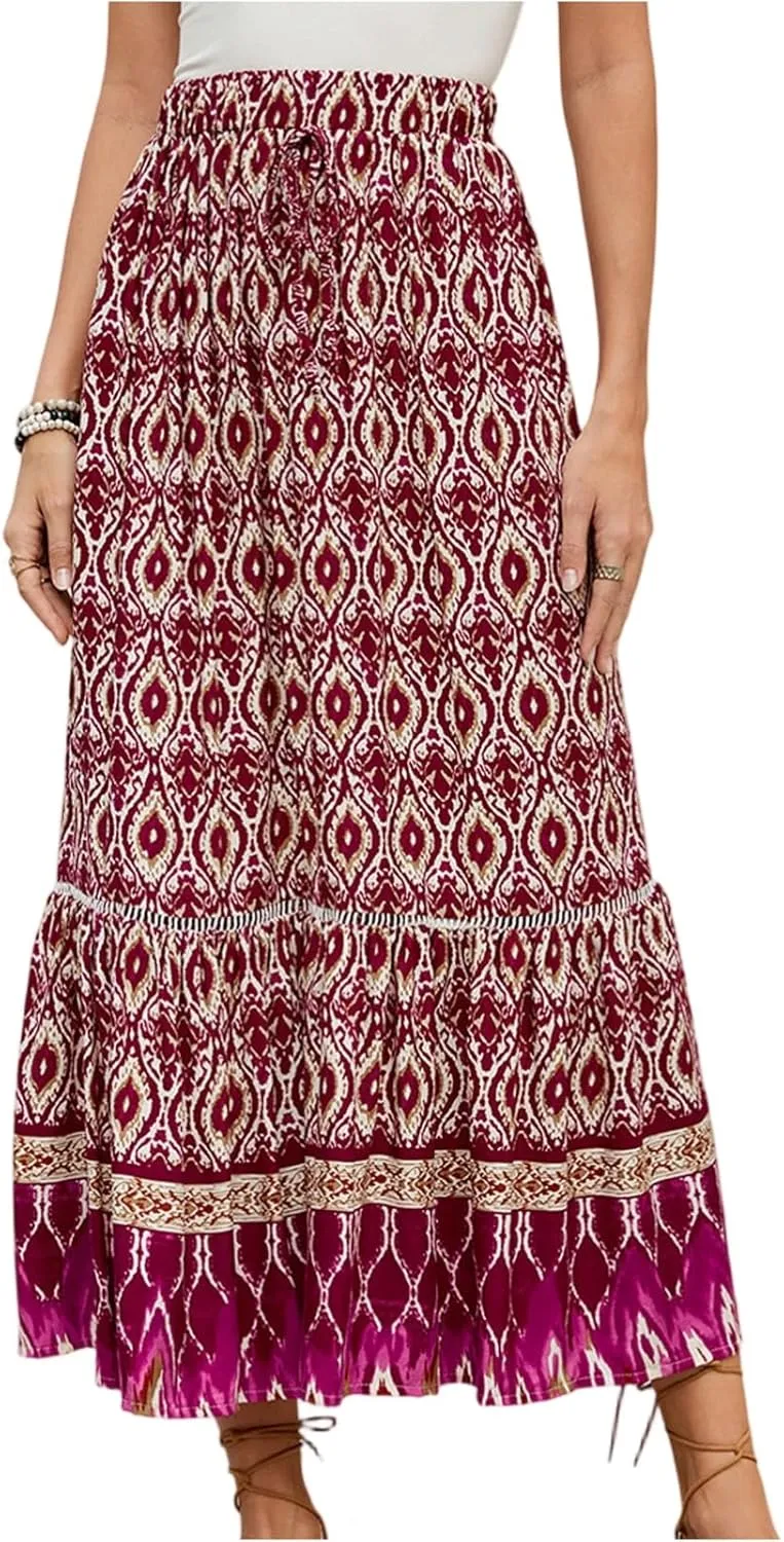 Floral Pleated Skirts for Women Midi Length Summer Casual Boho High Waisted Flowy Plus Size Swing A Line Skirt