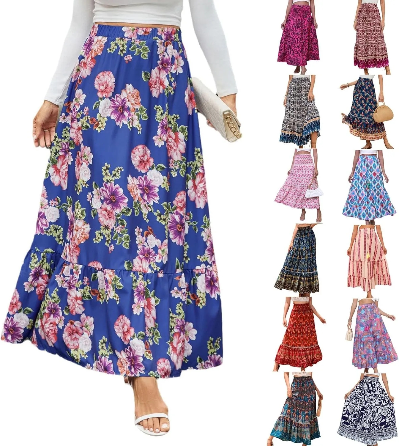 Floral Pleated Skirts for Women Midi Length Summer Casual Boho High Waisted Flowy Plus Size Swing A Line Skirt