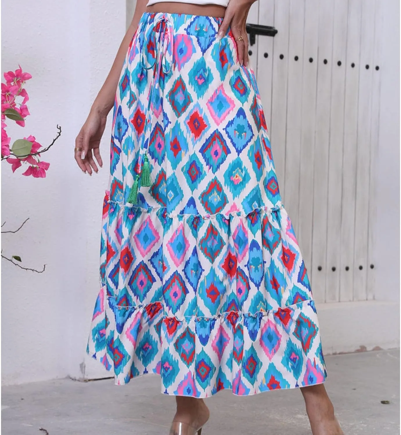 Floral Pleated Skirts for Women Midi Length Summer Casual Boho High Waisted Flowy Plus Size Swing A Line Skirt