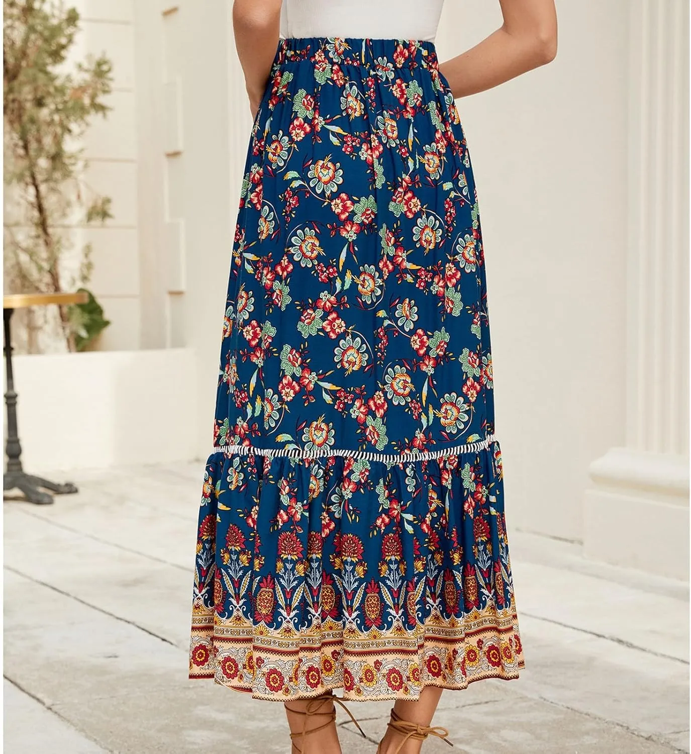 Floral Pleated Skirts for Women Midi Length Summer Casual Boho High Waisted Flowy Plus Size Swing A Line Skirt